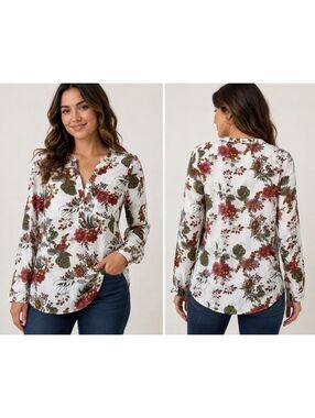 DNA Couture Women’s Small Floral Blouse White Red Green Long Sleeve Button Front